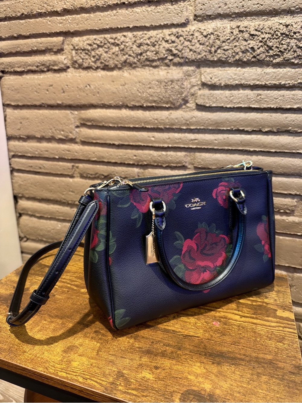 COACH Black and red roses leather crossbody or top handle